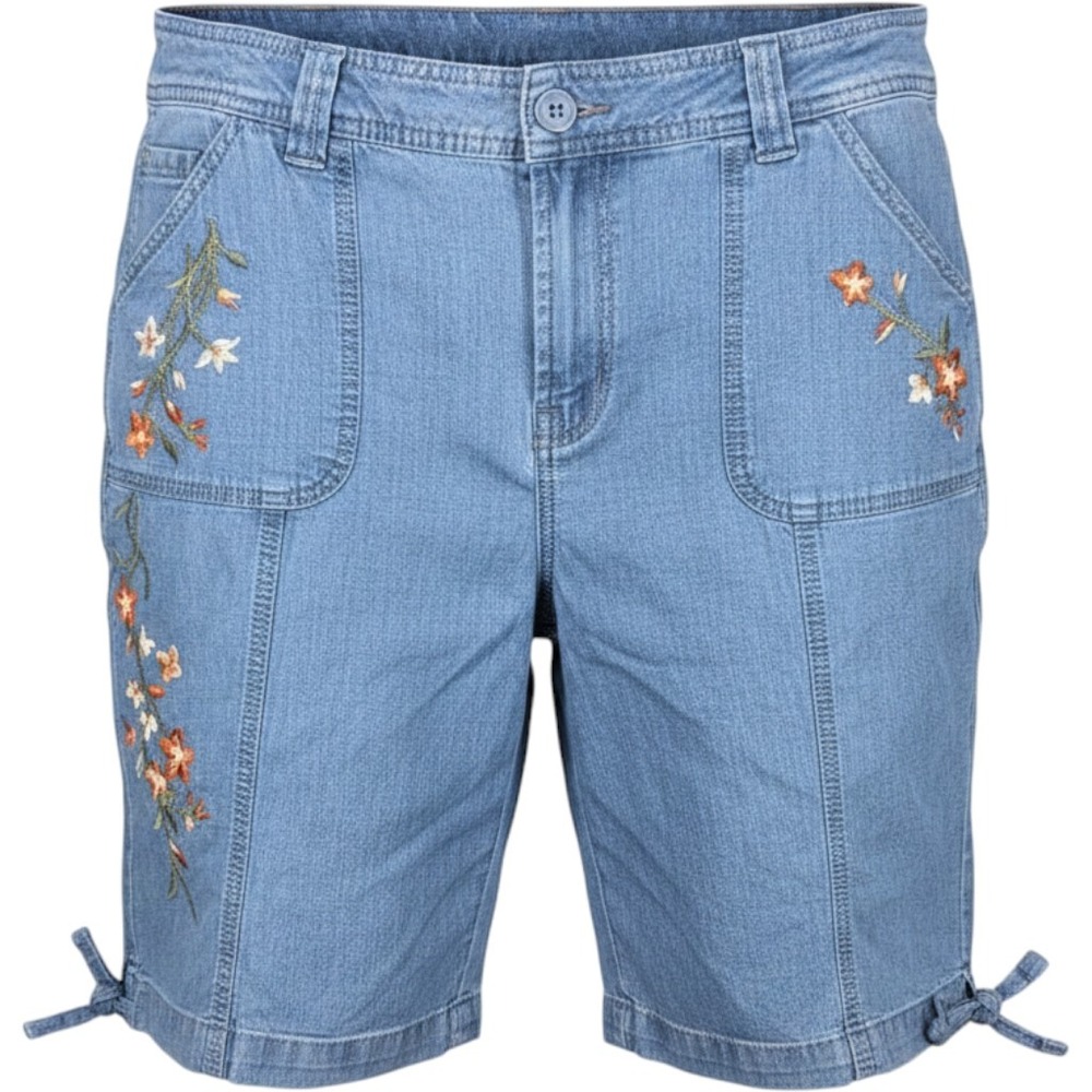 Vtg St Johns Bay Embroider Chambray Shorts Blue Floral Cotton Boho Tie Hem Sz 10